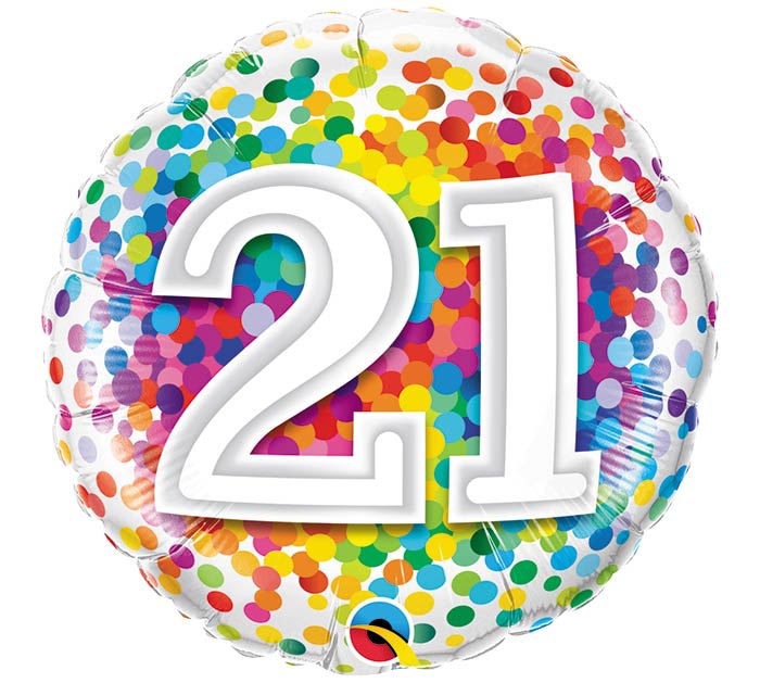 "21" Confetti Mylar Balloon - A 17" mylar balloon, inflated with helium and tied with a curly ribbon. Colors may vary. 