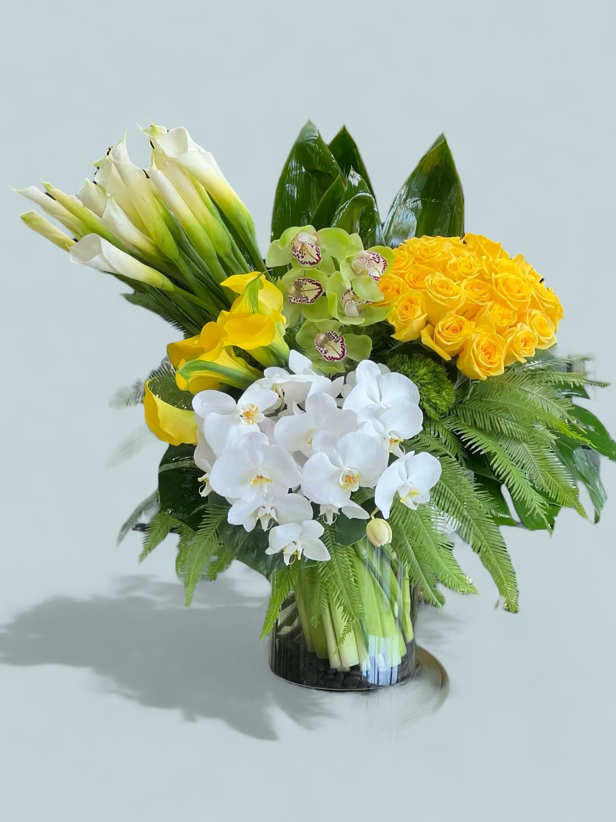 Bring Sensation  - This stylish arrangement features a burst of tall Calla Lilies, with Roses, Cymbidium and Phalaenopsis Orchids, finished with Aspidistra and Ferns