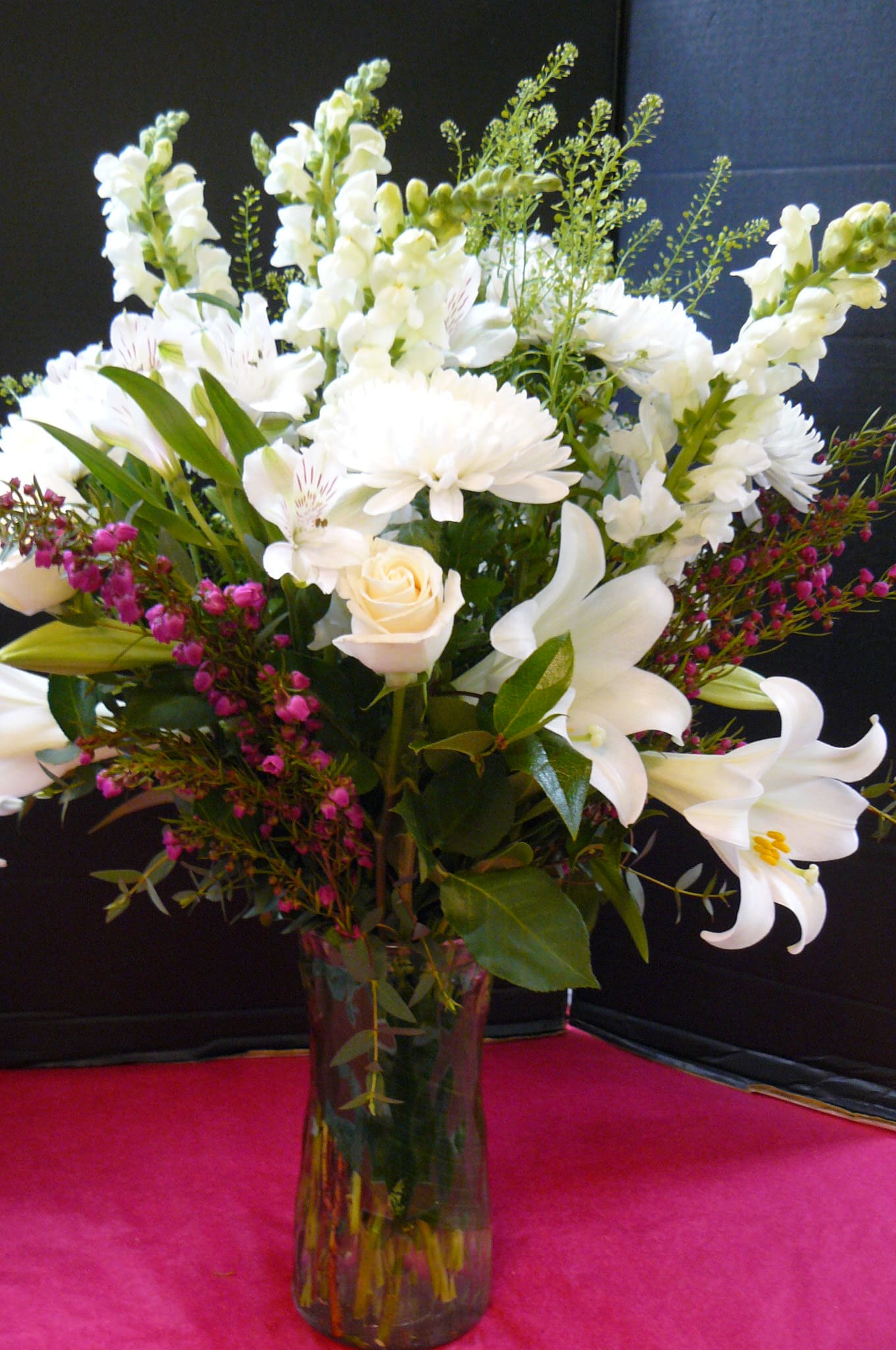 White Room Arrangement -  Roses, Hybrid Lilies  Alstroemeria,  Lisianthus , Fancy Greens