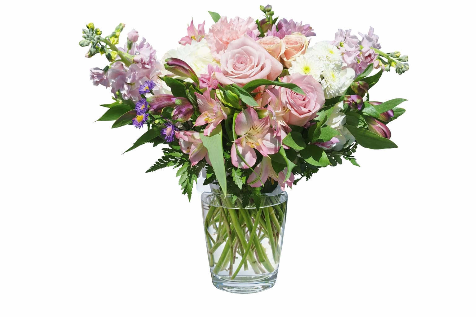 Pastels Garden Bouquet - Stock, hydrangea, roses, alstromeria, daisy poms, carnations, spray roses, lavender monte and white cushion poms in a white ceramic container