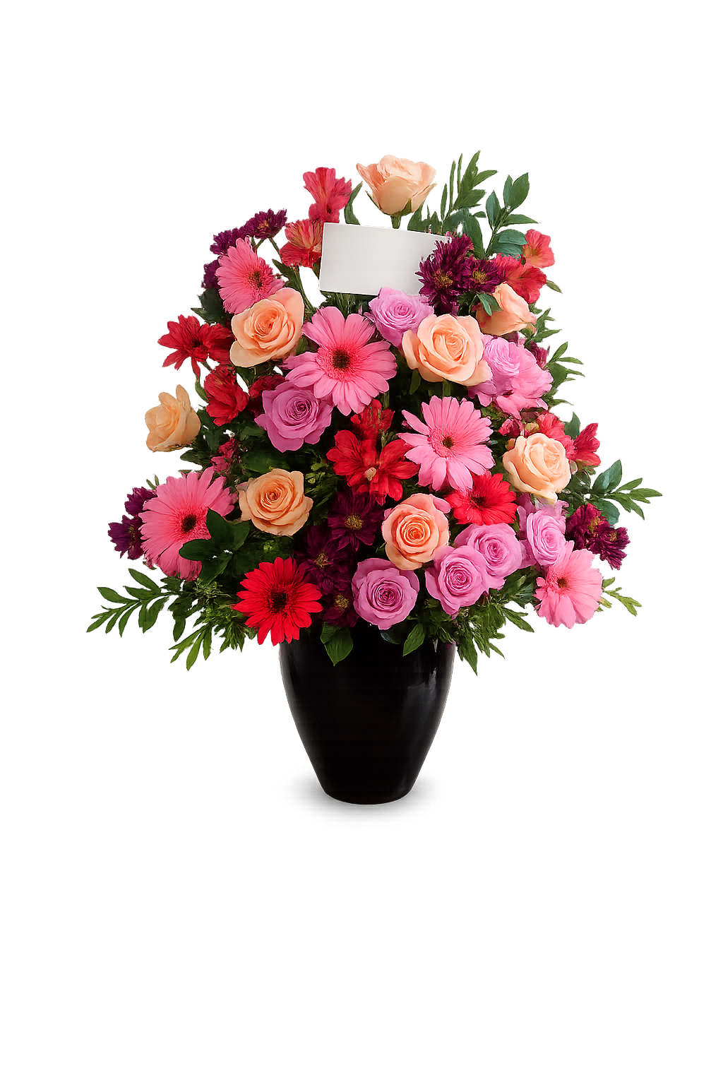 Colorful Sympathy Urn - This gorgeous arrangement of colorful gerbera daisies, roses and other flowers are the perfect way to send loving thoughts.
