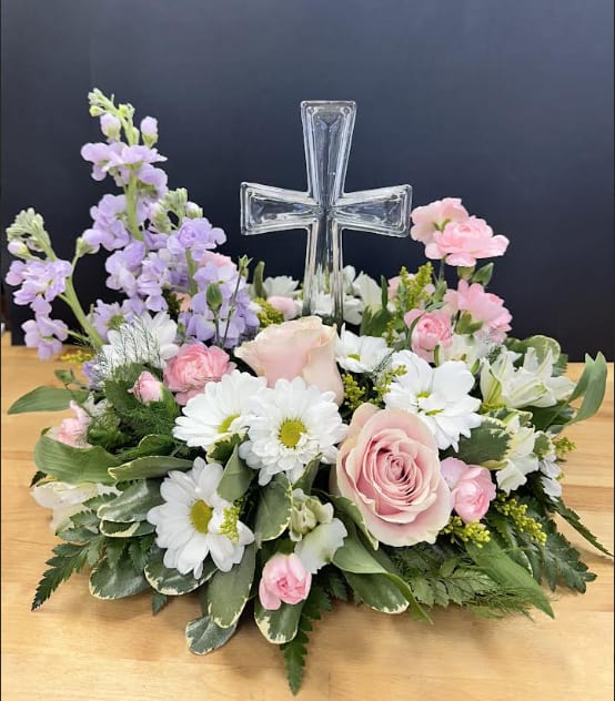 Cross Wreath - Honor a life of faith with this graceful glass cross, flower combination.
