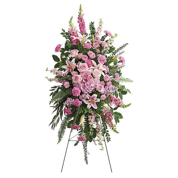 GLORIOUS FAREWELL SPRAY - Glorify a life well-lived with this magnificent spray of pink hydrangea, roses and lilies--a radiant, reflective celebration of her beauty and love.  