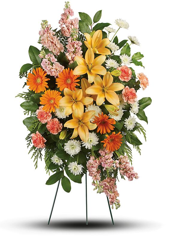 TREASURED LILIES SPRAY - Celebrate the light they brought into your life with this bright, beautiful spray of lilies and gerberas in sunshiny shades of peach and orange. A truly uplifting addition to the memorial service.  