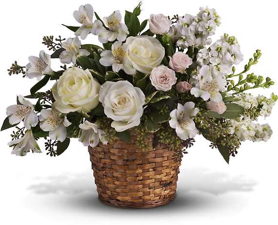LOVE'S JOURNEY - Send comfort and thoughts of hope for a brighter day with this peaceful basket of white sympathy blooms, and a sweet hint of pink. Gently uplifting, it is perfect for the service.  White roses, alstroemeria and larkspur along with pink spray roses are beautifully arranged in a natural-tone wicker basket.
