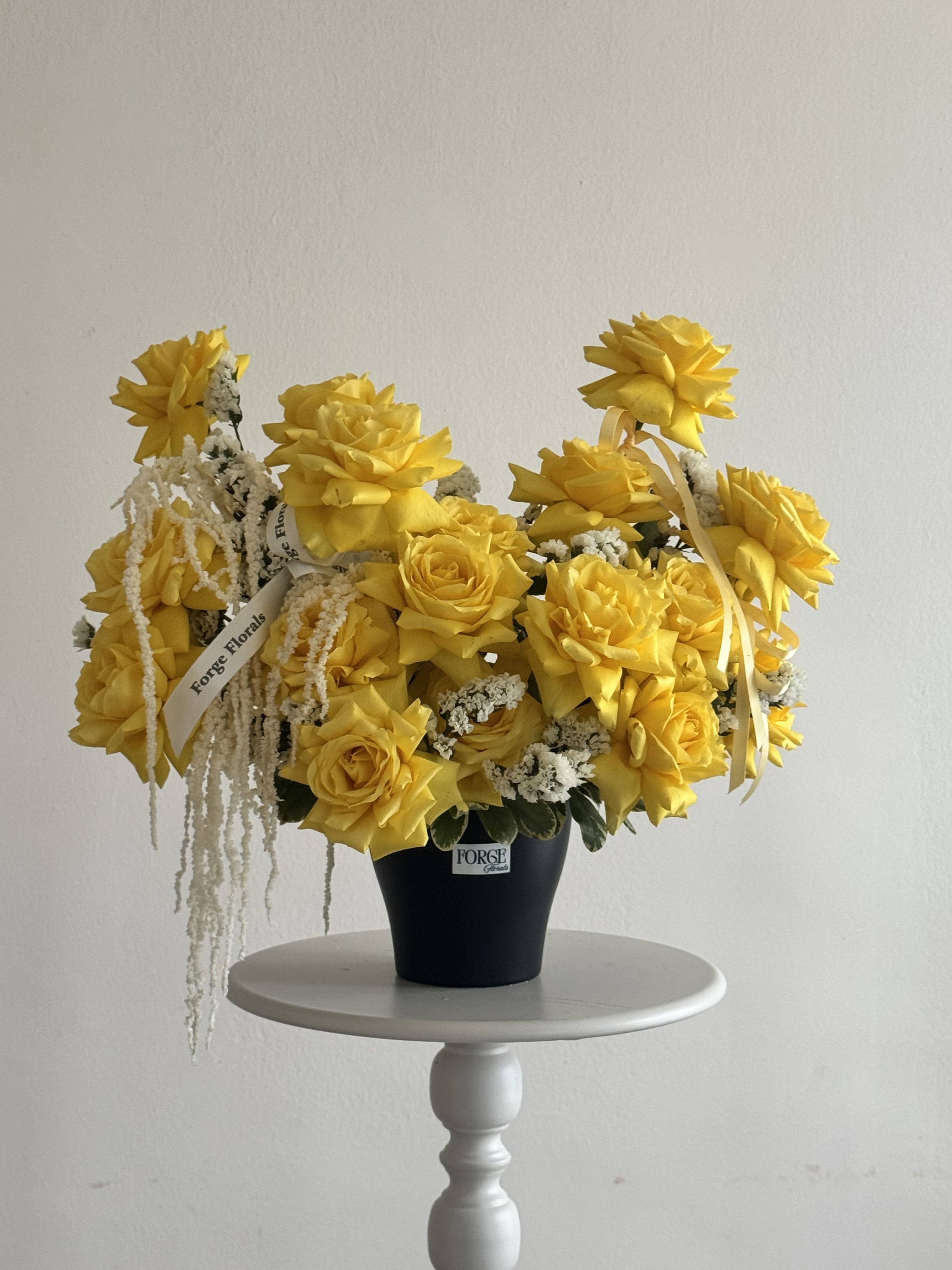 Sunny pot yellow French rose arrangement - 19 Yellow French rose with beautiful amaranth 