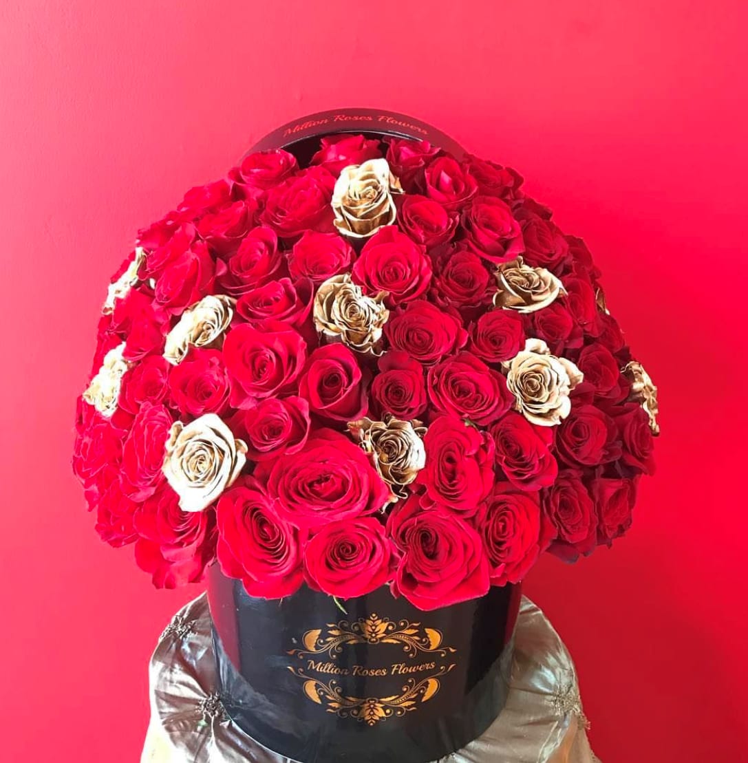 RED &amp; GOLD ROSES  IN ROUND BLACK BOX - RED &amp; GOLD ROSES  IN ROUND BLACK BOX