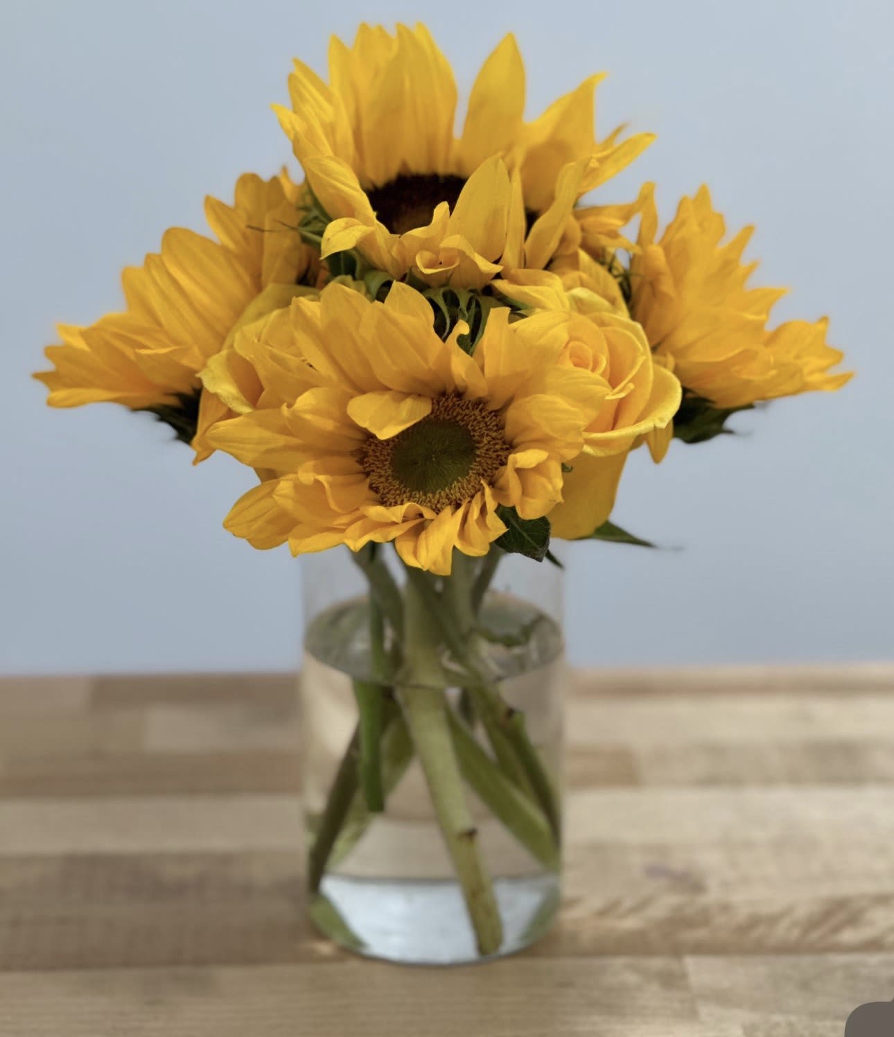 Sunny - “Bring pure sunshine indoors!  This charming vase arrangement features fresh, golden sunflowers beautifully displayed in a clear vase—perfect for gifting or brightening your own space.”