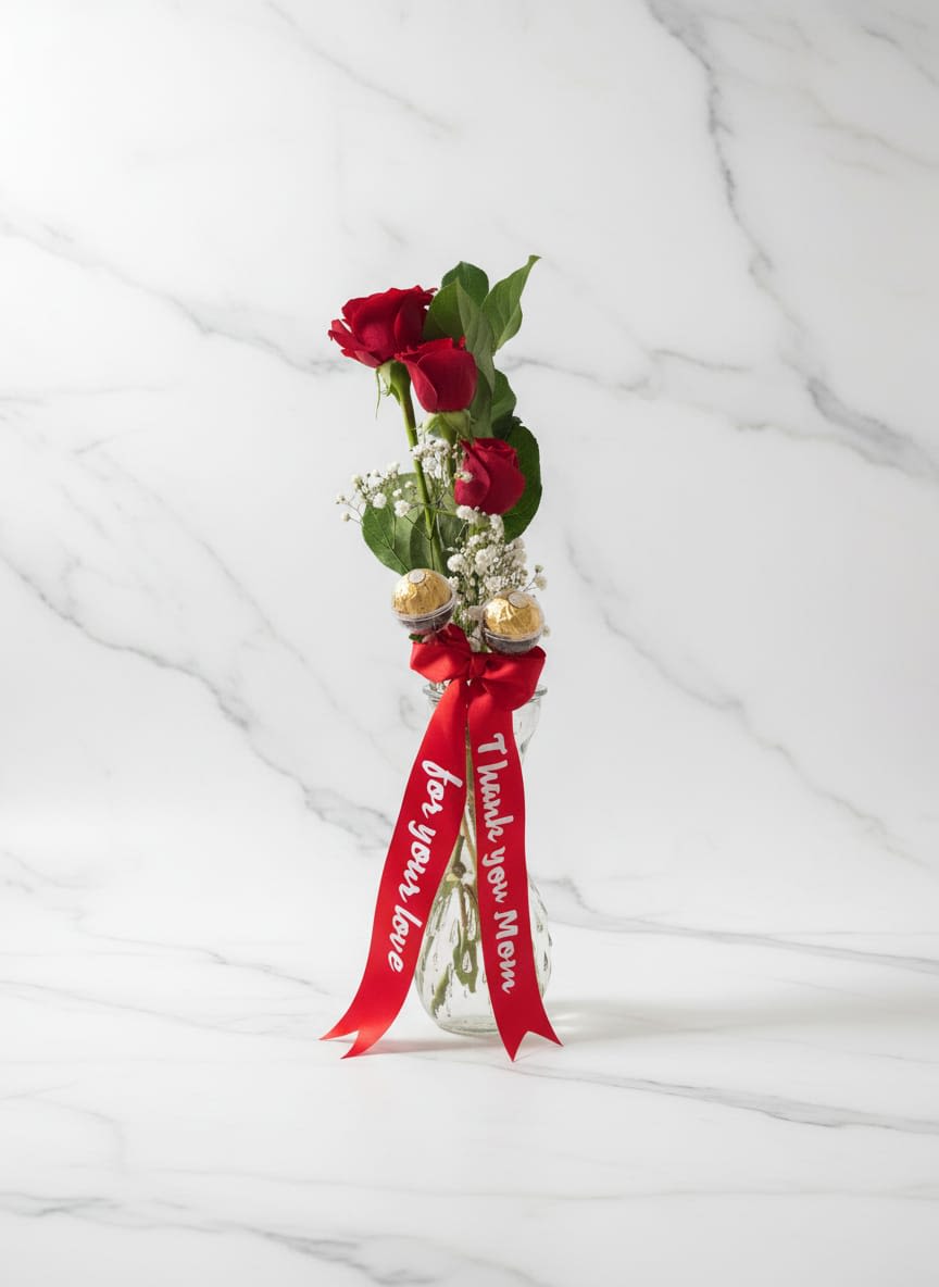 Grateful Rose Vase - Something fast and beautiful to show how you feel to your special person. Inside a clear vase, there are 2 (color you like) roses, one gypsophila, and one lemon grass, with the adition of two Ferrero Rocher chocolate and one ribbon of any color with a special message. Algo rápido y hermoso para mostrar cómo te sientes a tu persona especial. Dentro de un florero transparente, hay 2 rosas (del color que te guste), una gypsophila, y una rama de foliaje verde, además de dos chocolates Ferrero Rocher y una cinta de cualquier color con un mensaje especial.
