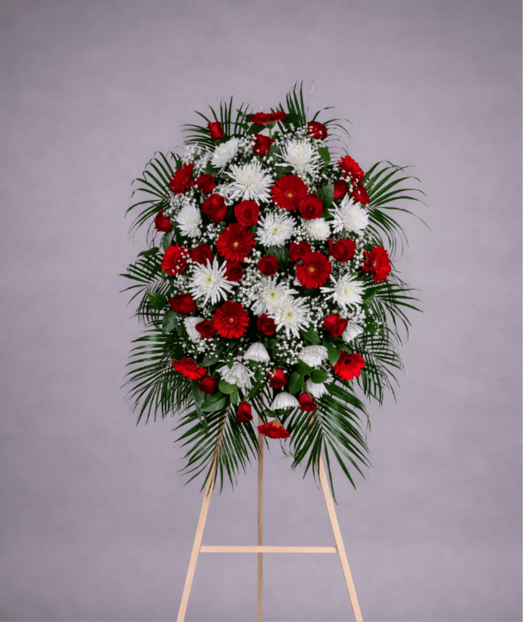 Endless Love Funeral Wreath S - A classic standing funeral wreath designed to express love, sympathy, and remembrance. Featuring rich red and white florals, this elegant wreath is ideal for funeral services and memorials, offering a dignified way to honor a loved one and share heartfelt condolences. STANDARD size is shown in the main picture.