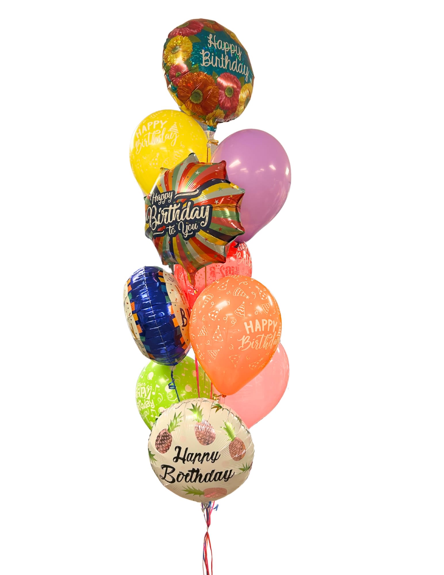 Cluster of colorful birthday balloons with printed messages