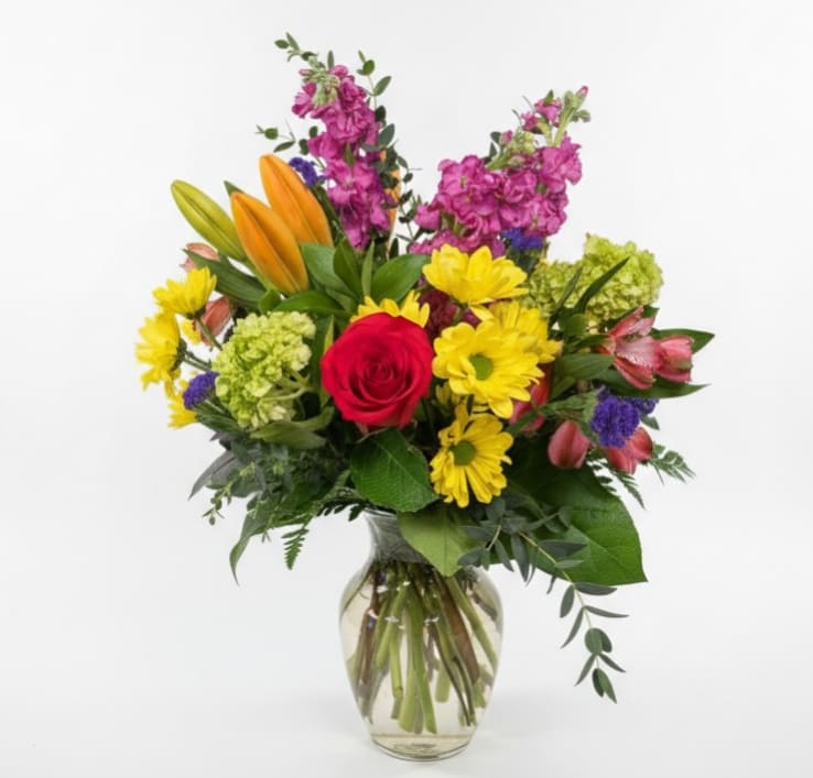 Bright Garden Celebration - Bold, colorful, and full of life, Bright Garden Celebration is a vibrant bouquet designed to make a joyful statement. A striking red rose sits at the heart of the arrangement, surrounded by cheerful yellow daisies, elegant orange lilies, delicate alstroemeria, and soft green hydrangea accents. Pops of purple statice and tall pink stock add texture and height, while fresh greenery ties the design together beautifully in a classic clear glass vase.