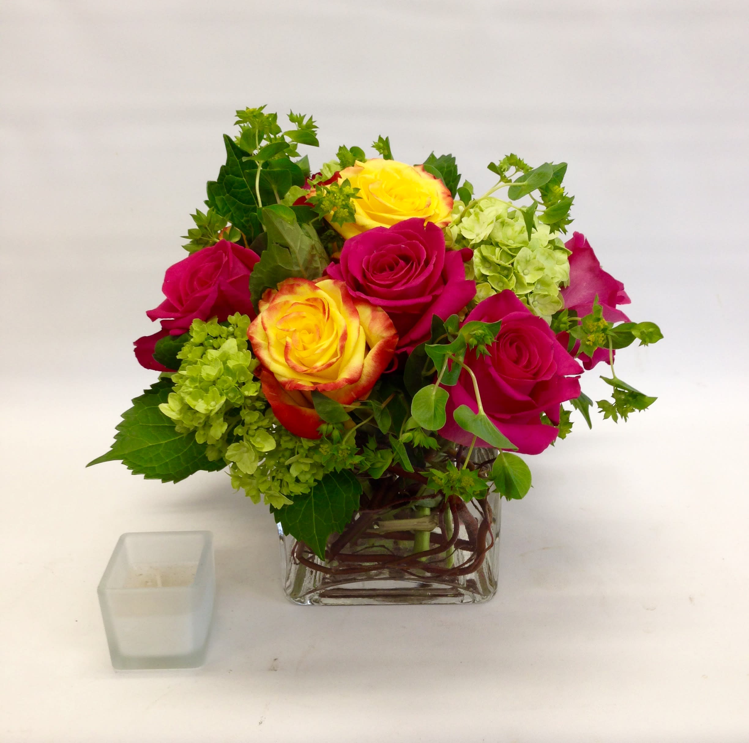 Plush Beauty - A Nice Assortment of Roses, Hydrangea and Foliage Cube Arrangement a Great Gift. Rose Color May Vary.