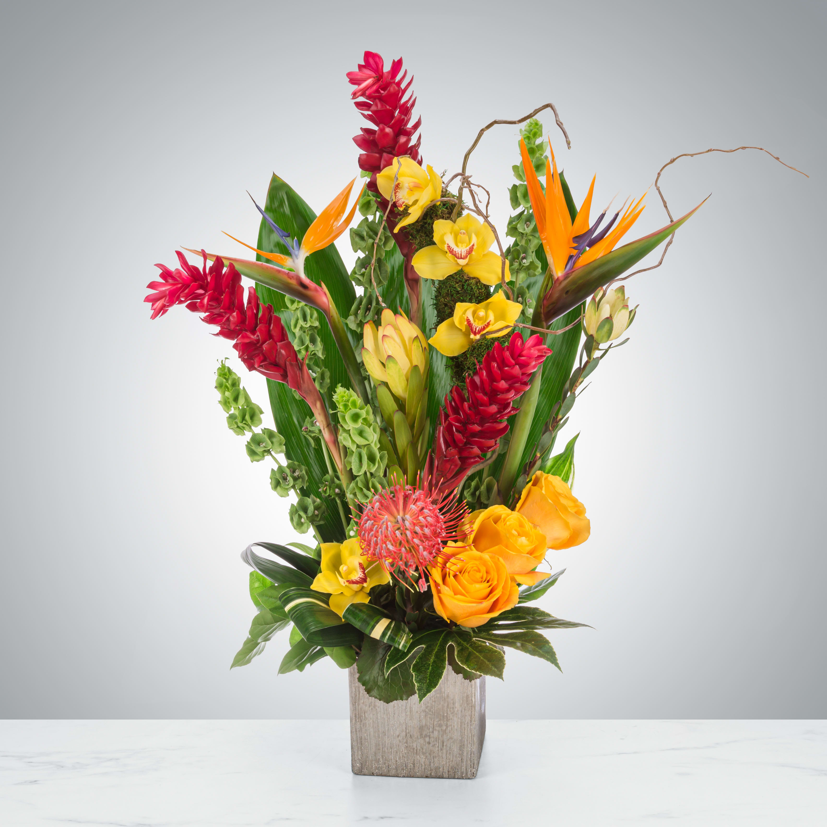 Tropic Like It's Hot by SUFLOR - Tropical plants come together in this one-sided tall standing arrangement. Featuring birds of paradise, ginger, and pincushion protea, this tropical selection would look lovely in any home.  Approximate Dimensions: 22"D x 30"H