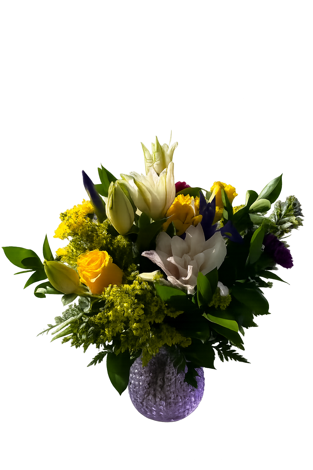 Purple Passion Bouquet - Pink Lilies, Yellow roses daisies, iris, purple carnations and solidago arranged in a purple glass etched vase