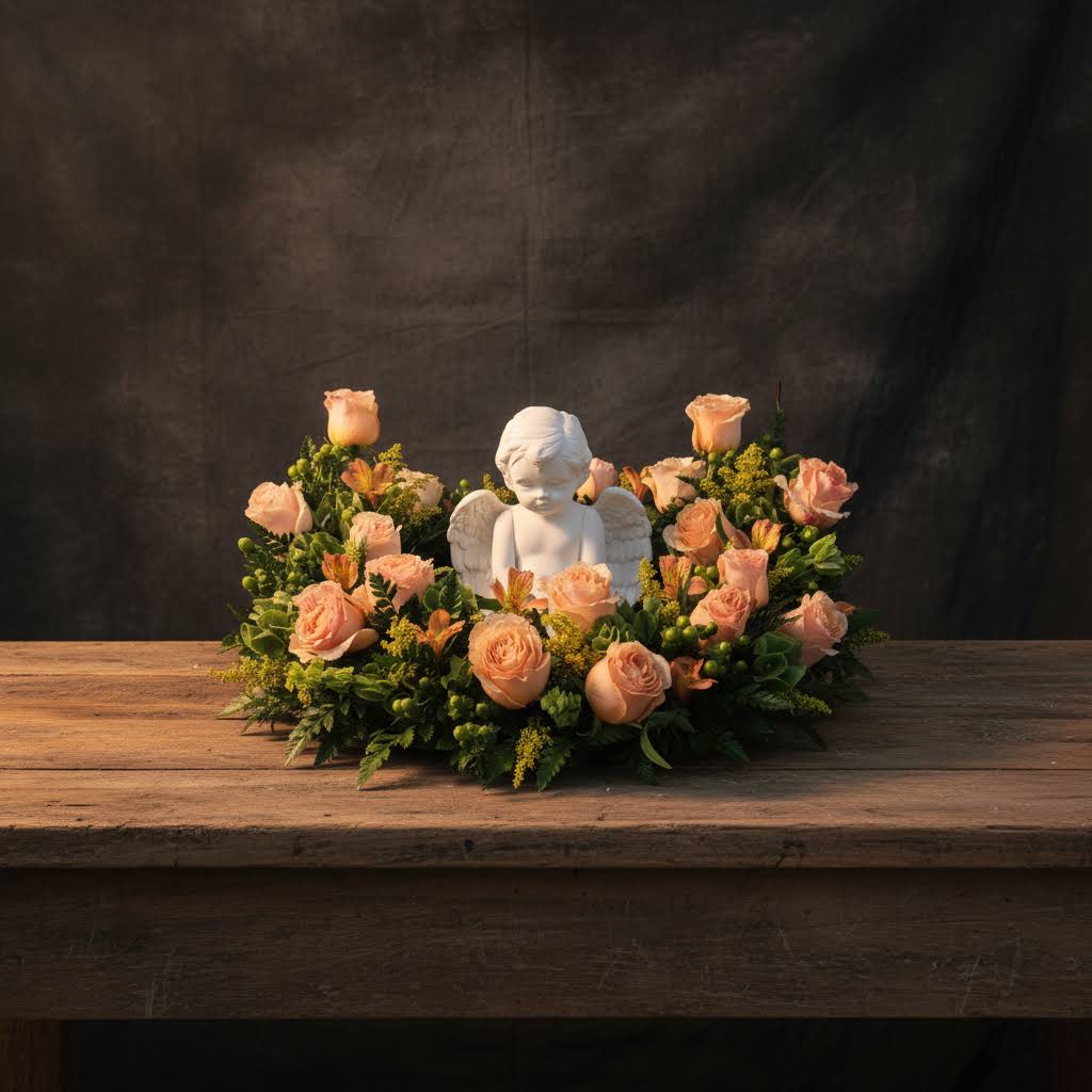 Peach rose wreath with a white angel figurine in the center