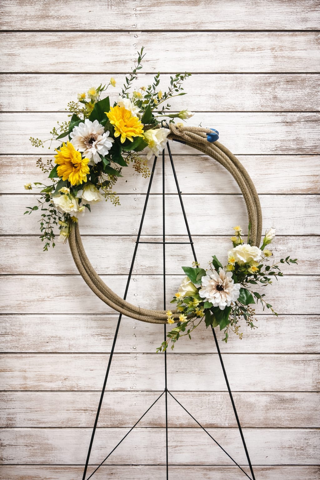 Floral wreath with yellow and white flowers on a black stand