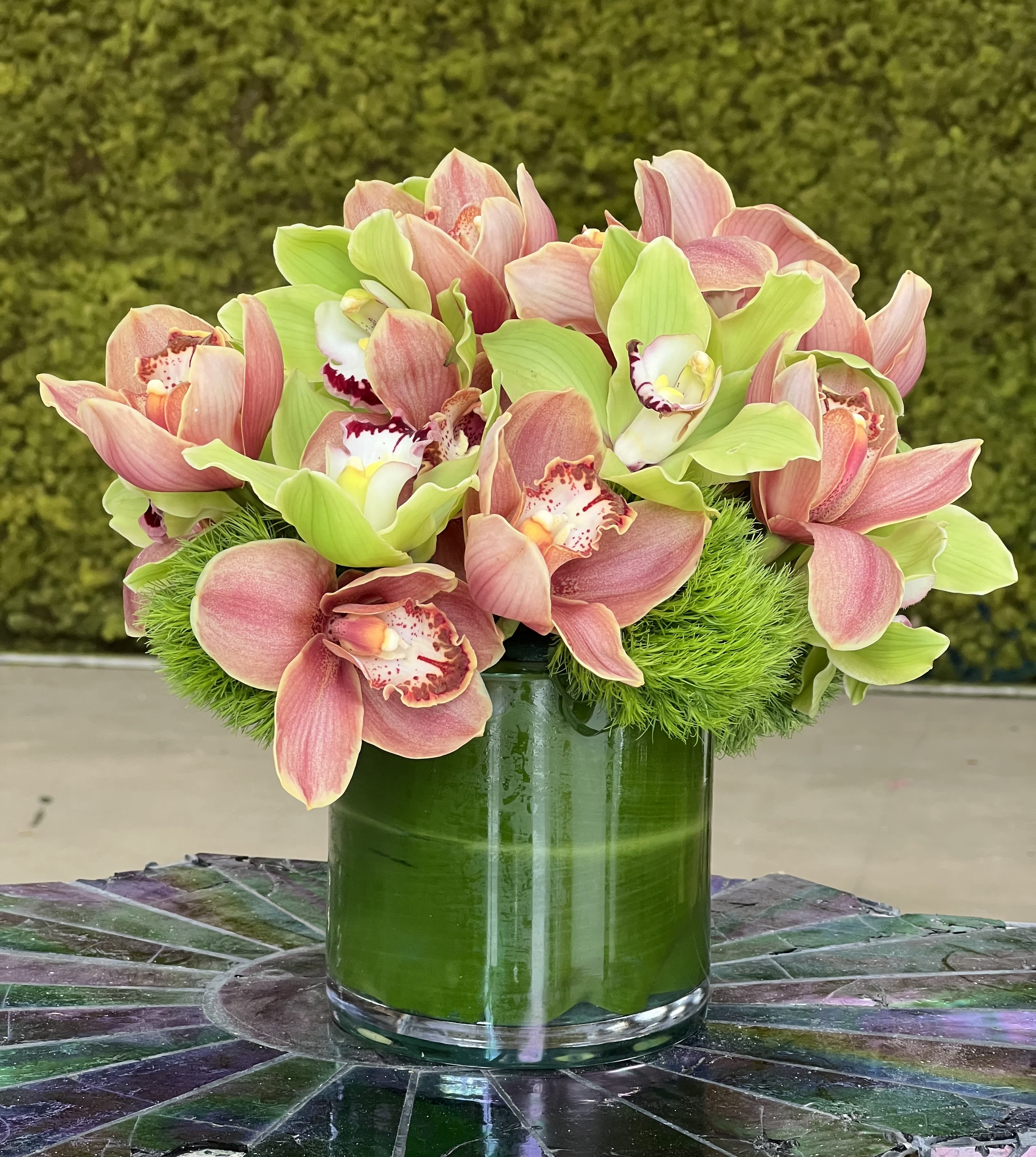 Lemon Drop - Burgundy and green Cymbidium Orchids with Dianthus in a leaf-lined vase