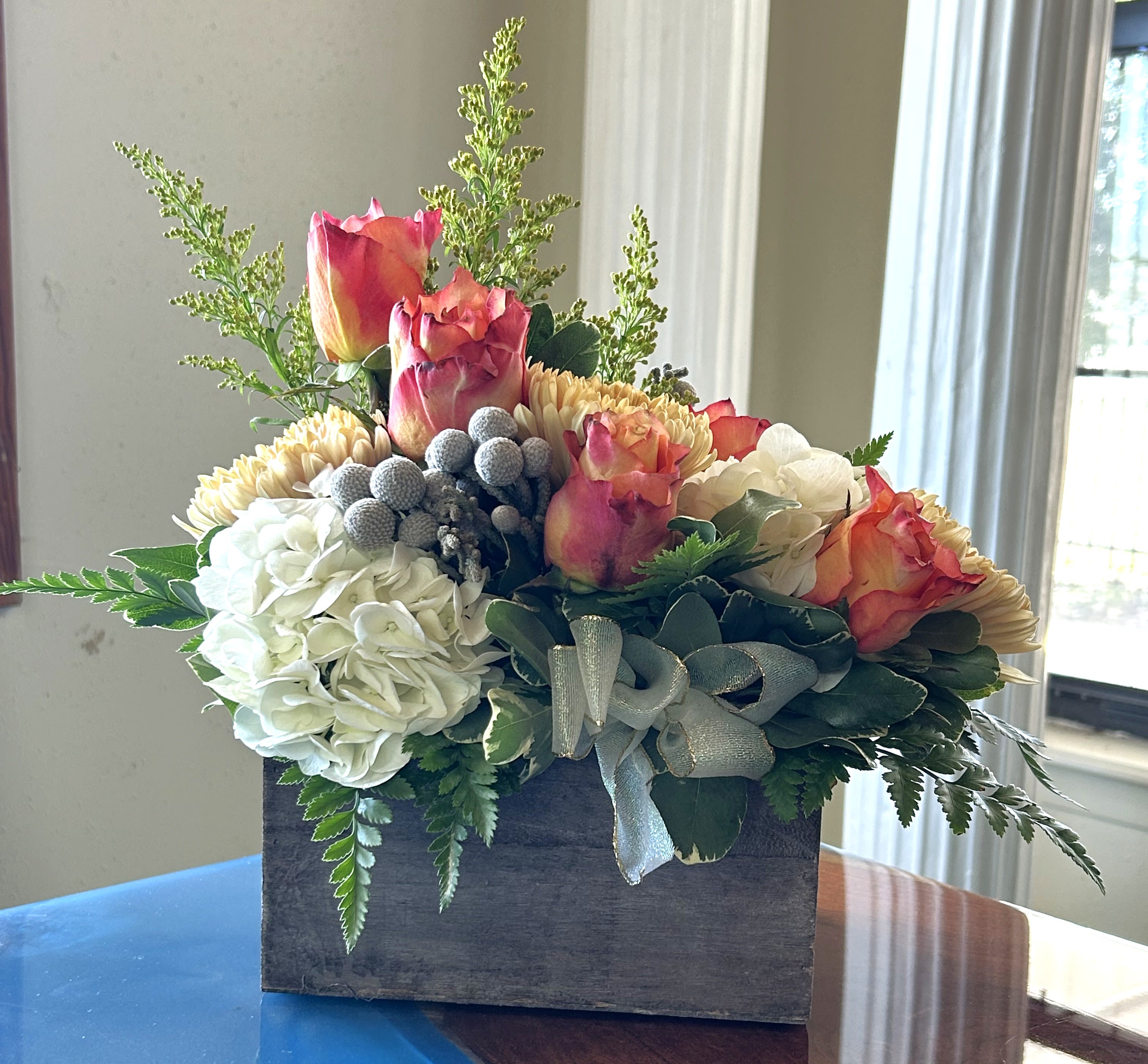Grey House Blooms-Let's Get Acquainted - Roses, Disbuds or Mums arranged using a box container