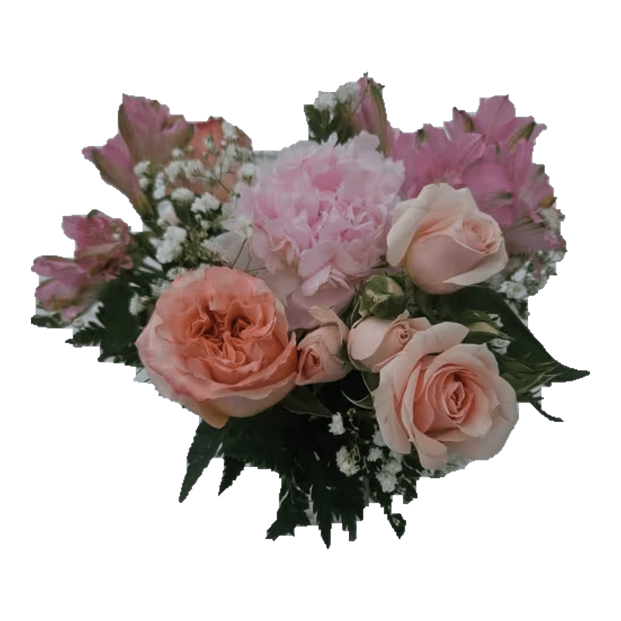  Just Peachy Bouquet - Peach garden roses, spray roses, peonies, alstromeria and baby's breath arranged in a vase