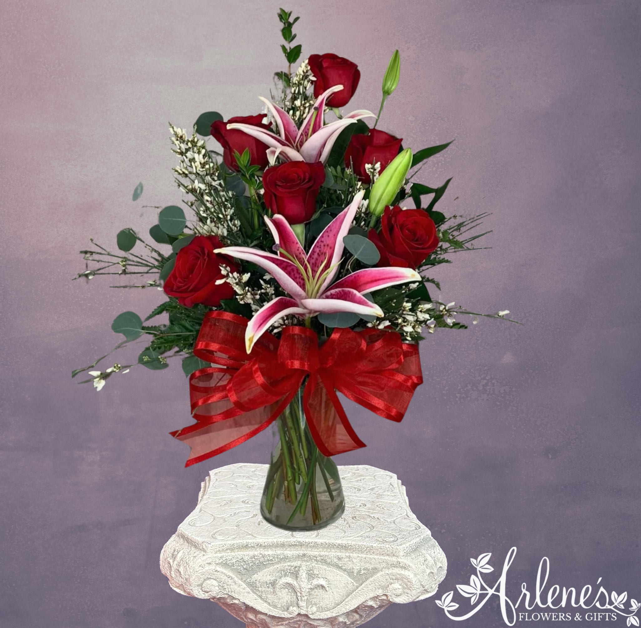 Half Dozen Roses and Lilies  - Six roses with 2 stems of lilies! (May not be red/pink.) Please call us if the color combo is particularly important!