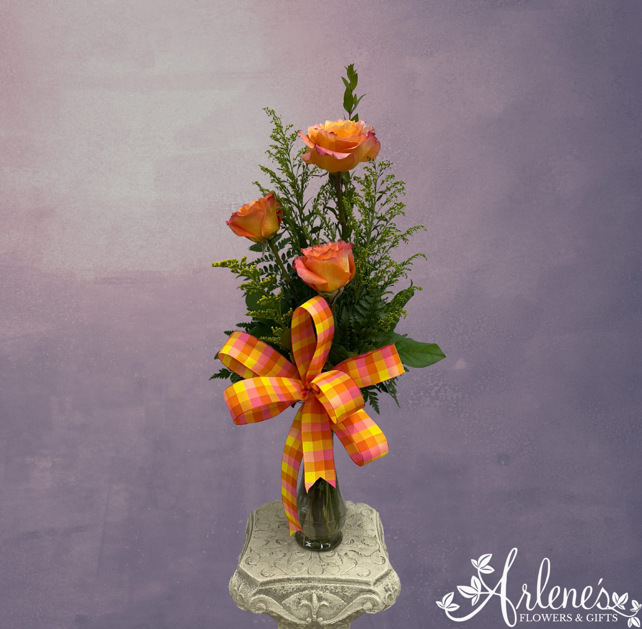Sweet Orange Rose Trio - Three orange roses with vase and greenery and filler.