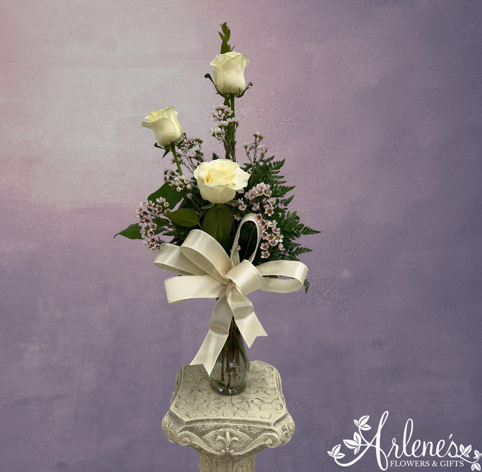 Trio Rose White - Three white roses in a vase with greenery, filler and bow