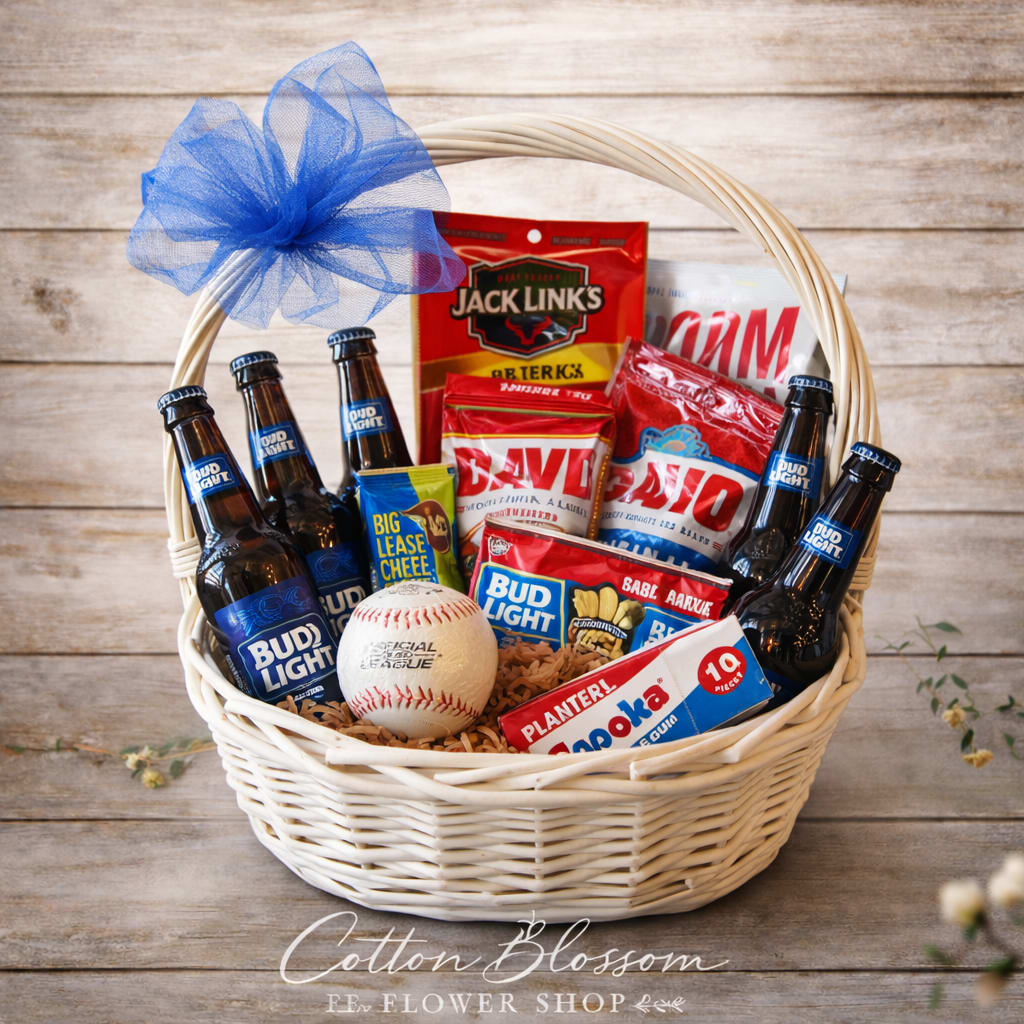 Home Run Game Day Basket - Home Run Game Day Basket  Step up to the plate and bring the excitement of the ballpark home with our Home Run Game Day Basket. Designed for baseball fans and snack lovers alike, this fun-filled gift is packed with classic ballpark favorites that capture the spirit of America’s pastime.  Inside this white wicker basket, they’ll find Bud Light, roasted peanuts, Cracker Jack, savory meat sticks, bubble gum, and other game-day treats — everything needed to recreate the timeless experience of cheering from the stands. The included baseball adds a playful touch, making it perfect for tossing around while enjoying the snacks.  Whether you’re celebrating Father’s Day, a birthday, game day, or sending a fun surprise, this basket is sure to bring back memories of sunny afternoons at the ballpark and the thrill of the seventh-inning stretch.  Handcrafted and beautifully presented by Cotton Blossom Flower Shop, this unique gift basket is a grand slam for any sports fan.