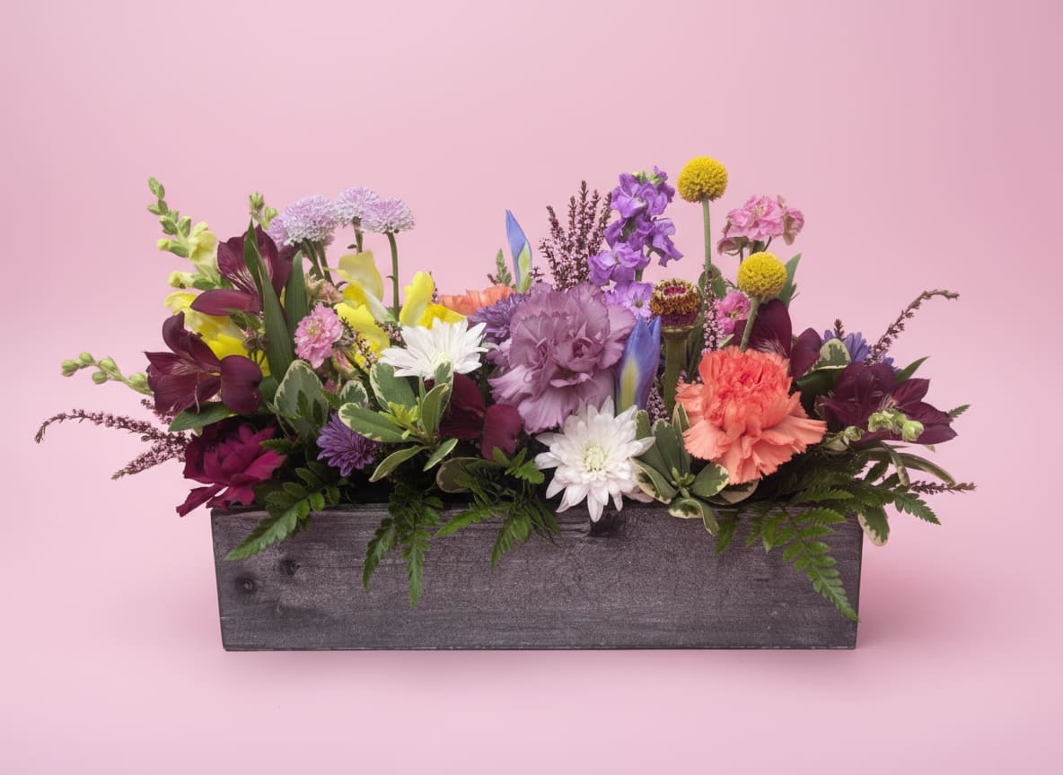 Designer’s Choice | Mixed Bloom Box  - Bursting with color, texture, and seasonal charm, this thoughtfully curated arrangement is a true celebration of blooms. Featuring a lively mix of carnations, larkspur, stock, snapdragons, cushions, alstroemeria, and complementary fillers, each box is uniquely designed by our expert florists to highlight the freshest, most vibrant flowers of the season.  Perfect for gifting or brightening your own space, this mixed bloom box offers an artful, ever-changing combination of colors and textures that’s sure to delight. Every arrangement is a one-of-a-kind creation, making each delivery truly special.  All flowers, flower colors, and containers are subject to change due to availability.
