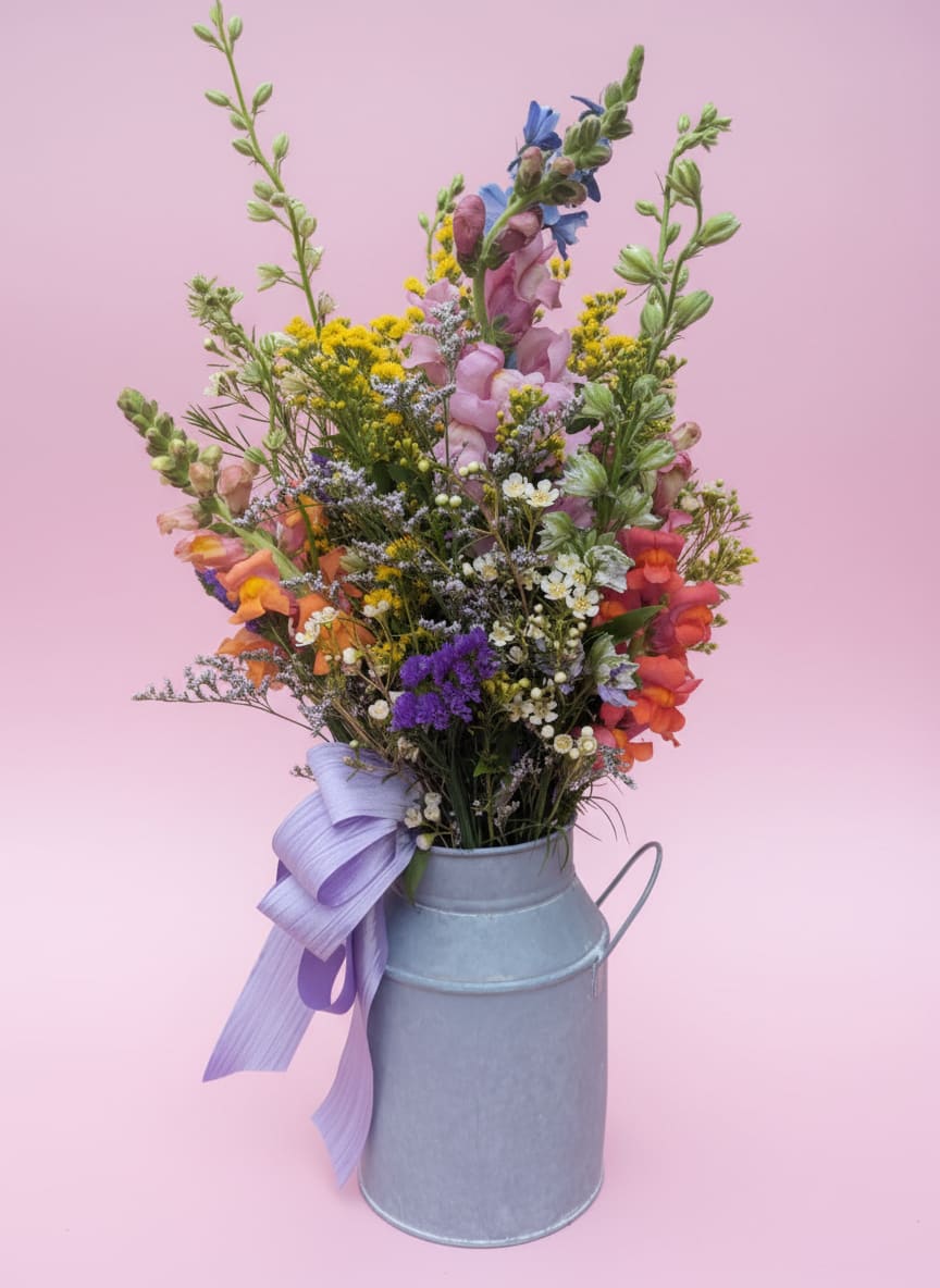 The Quiet Meadow - Soft, airy, and effortlessly nostalgic—The Quiet Meadow feels like a slow walk through blooming fields at sunrise. Designed in a vintage-inspired tin milk can tied with a lavender ribbon, this dreamy arrangement features a mix of pastel snapdragons, purple larkspur, light blue delphinium, solidago, waxflower, statice, and limonium.  Each stem adds texture and gentle movement, creating a just-picked-from-the-meadow look that’s both wild and graceful. The Quiet Meadow is perfect for farmhouse tables, thoughtful gifts, or anyone who finds beauty in nature’s softest moments.  All containers, flowers, and floral colors are subject to change due to availability.