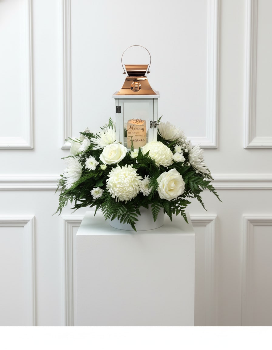 Warm Memories - All white blooms surrounding a beautiful keepsake lantern with varying sentiments. All flowers, colors, and lantern may vary due to availability. 