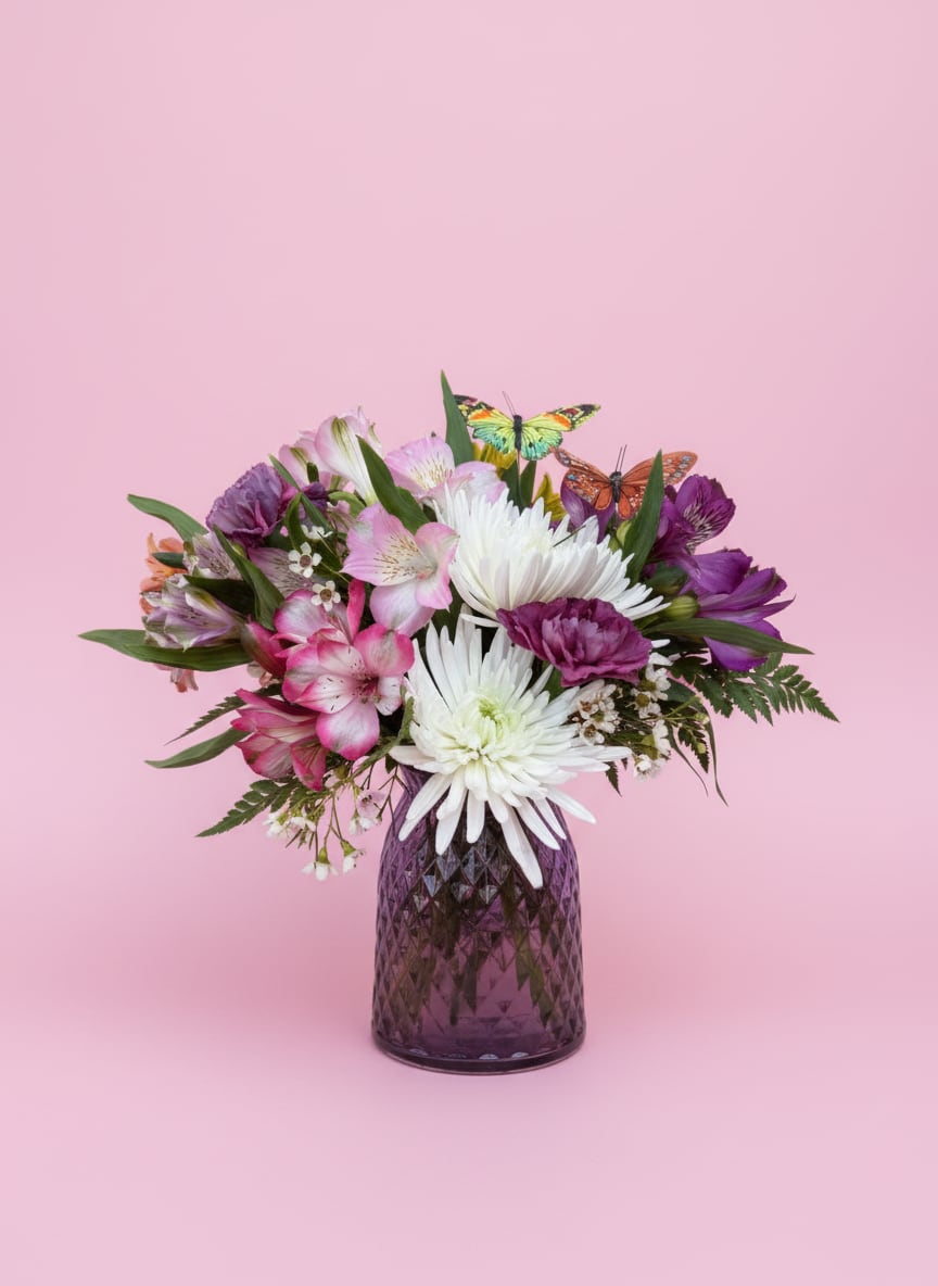 Butterfly Kisses &amp; Diamond Wishes - Butterfly Kisses &amp; Diamond Wishes is a delicate dream wrapped in sparkle. Nestled in a shimmering diamond-cut vase, this enchanting arrangement features elegant white Fuji mums, rich purple Metallica carnations, vibrant alstroemeria in a rainbow of hues, and whimsical wax flower accents. Two fluttering butterflies add the perfect touch of magic—just like the one you’re gifting it to.  Whether it’s for a loving mom, a cherished friend, or someone who simply makes life more beautiful, this bouquet is your wish come true.  All flowers, colors, and containers are subject to change due to availability.