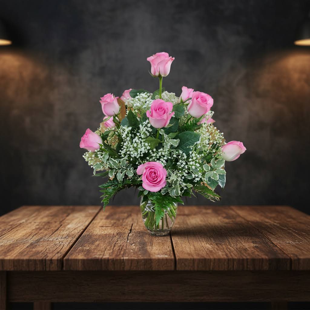 Pink Lady Roses - Pink rose in clear vase with greenery and highlighted with filler Flowers