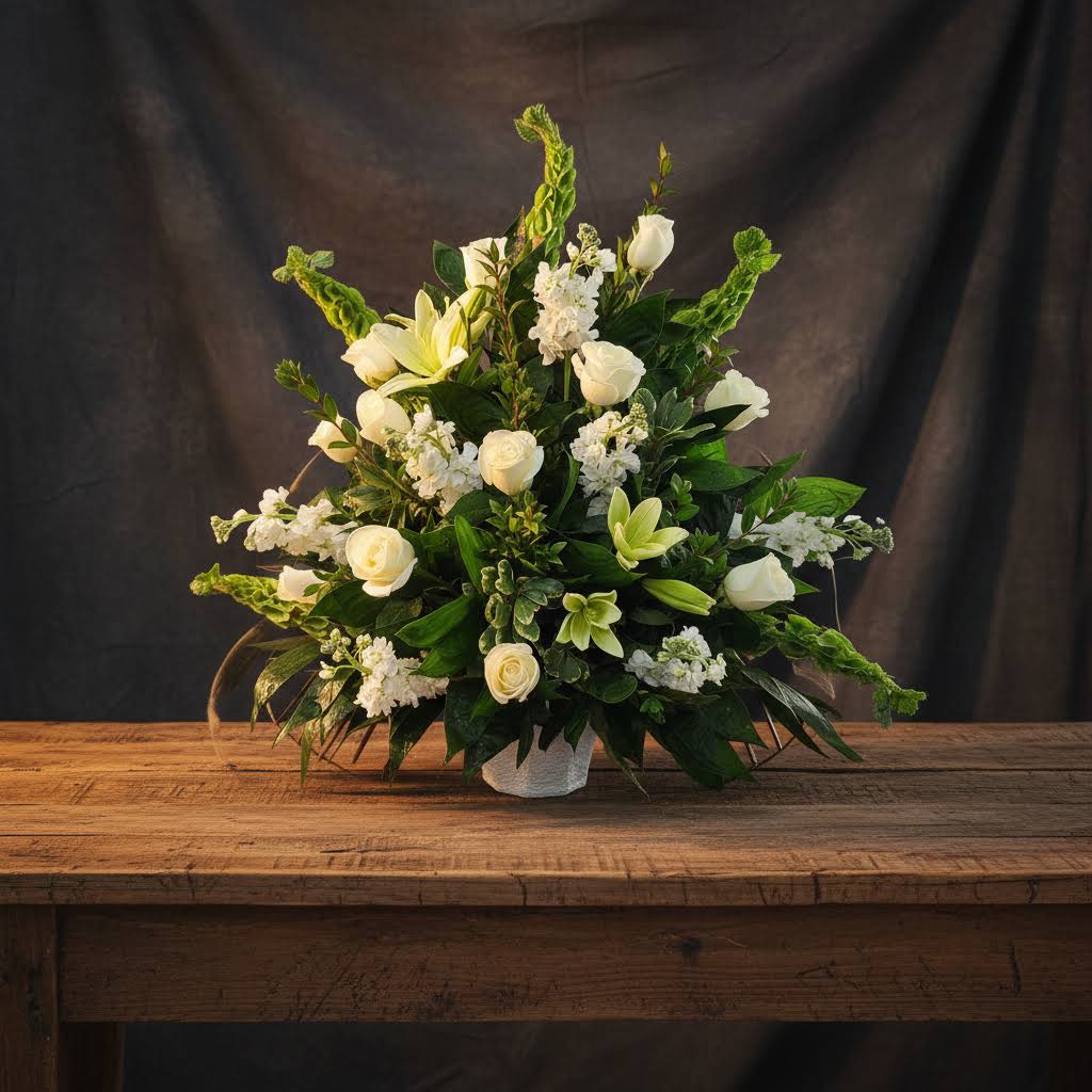 SYA06 All White Mache Lilies,Lark,Bells Of Ireland &amp; Roses - All White Mache Lilies,Lark,Bells Of Ireland &amp; Roses