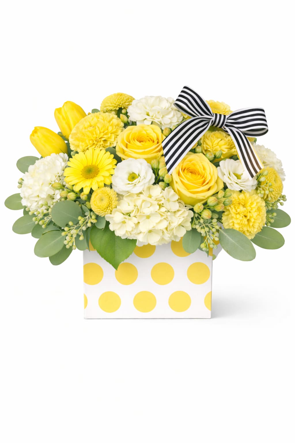 Polka Dots &amp; Stripes Yellow - Yellow roses, yellow tulips, yellow mini carnations, yellow gerbera daisies, white lisianthus, white hydrangea, yellow button poms, accented with eucalyptus and seasonal greenery.