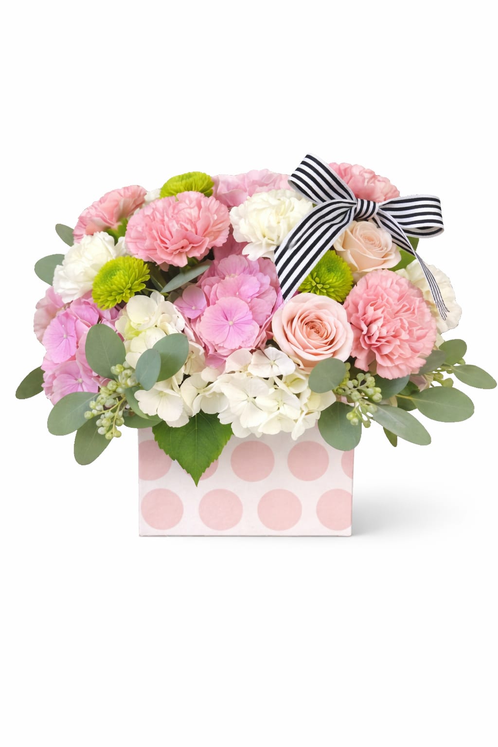 Polka Dots &amp; Stripes Pink  - Sweet pink , white and green blooms in a pink and white polka dot box with  a darling striped bow accent ! (A MEF exclusive design !!) 