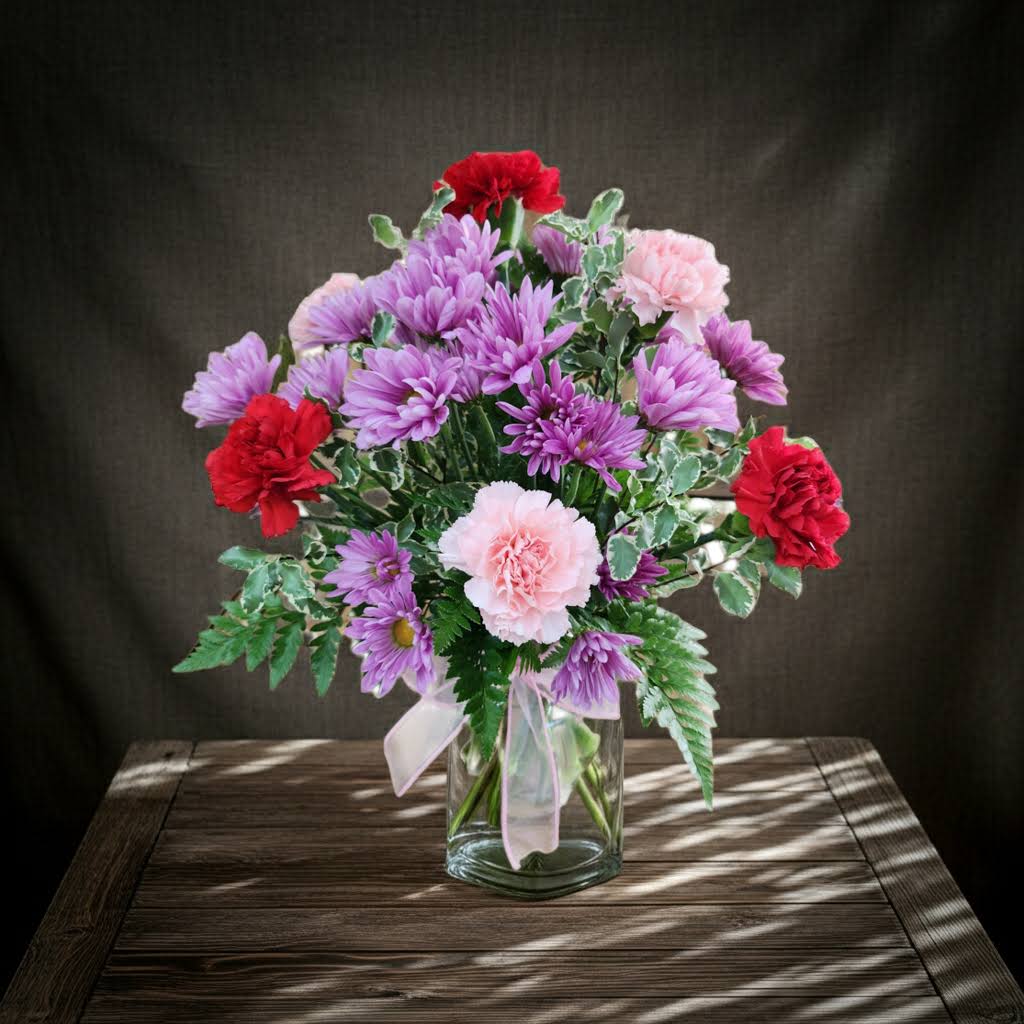 Sweetheart Arrangement - Pink And Red Carnations, Lavender Daisies Arranged With Mixed Greeny And Filler