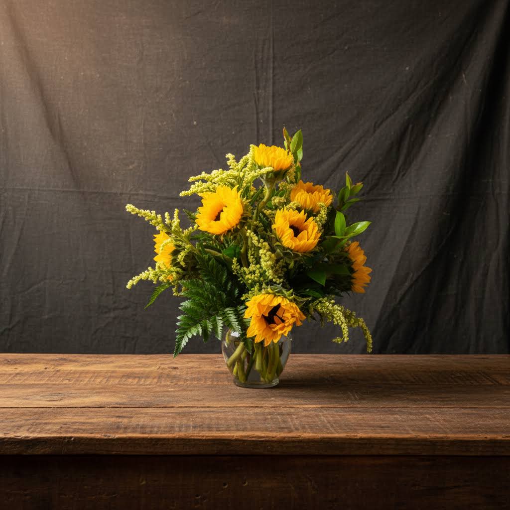 You Are My Sunshine Arrangement Of Sunflowers - Vase Arrangement Of Sunflowers &amp; Yellow solidago 