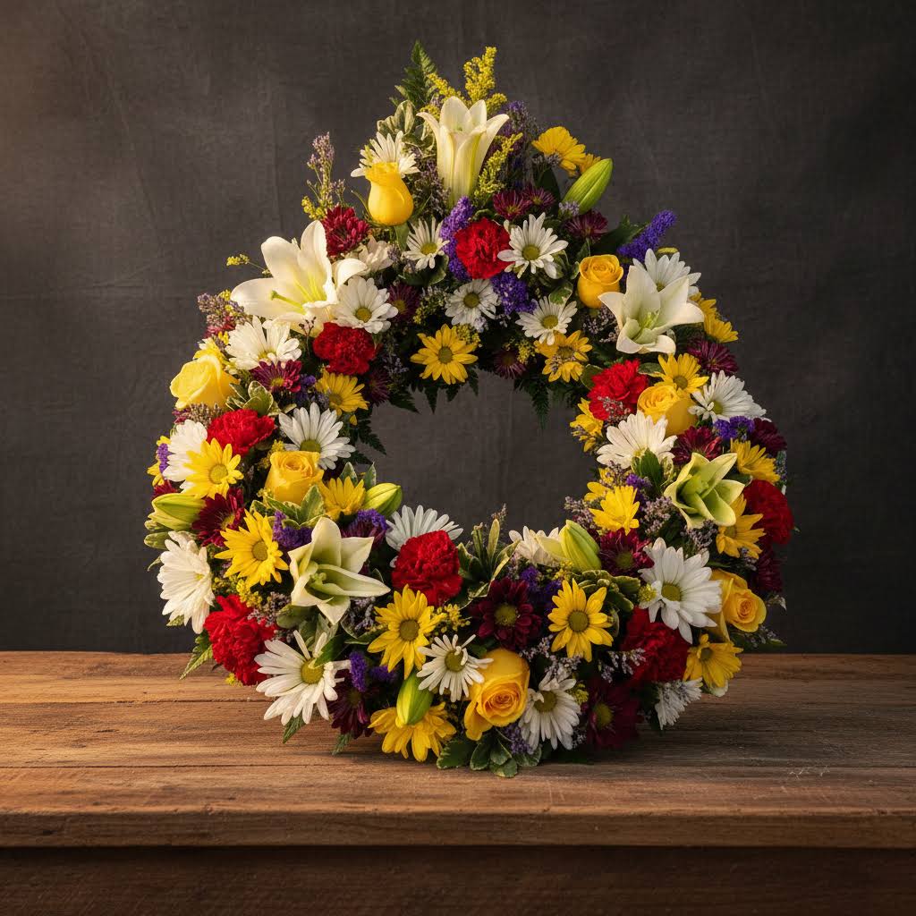 Circular floral wreath with mixed daisies, roses, lilies, and carnations