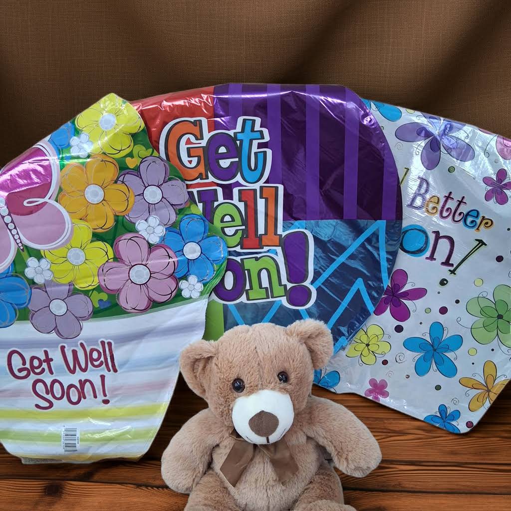 Bear With Get Well Balloons - Stuffed bear with 5 assorted Get Well balloons. Bear color will vary. Balloon will be filled with helium
