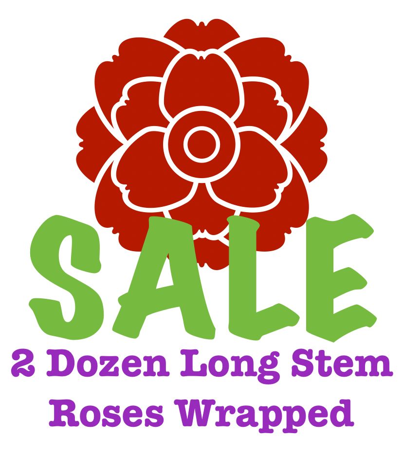 Sale graphic with a red flower icon and green text