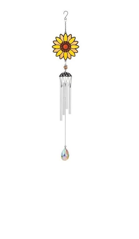 25" Suncatcher Chime - Sunflower - A beautiful sunflower shaped suncatcher windchime. Sold individually or displayed on an easel with floral design. It can also be mounted on a shepherds hook planted in a dish garden planter of assorted living plants and fresh cut flowers (Premium Option).
