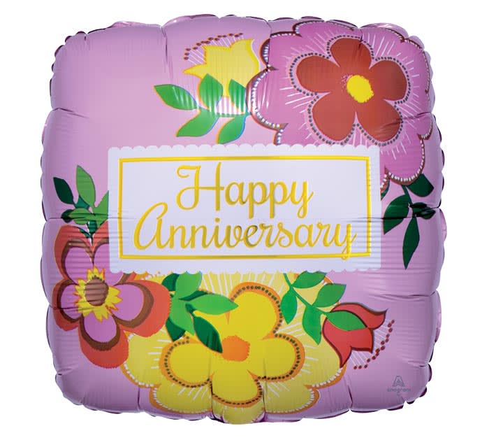 "Happy Anniversary" Floral Mylar Balloon - An 18" mylar balloon, inflated with helium and tied with a curly ribbon. Colors may vary. 