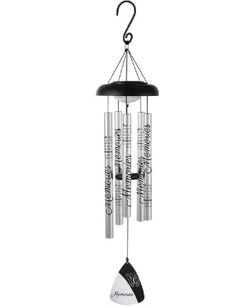 30" Solar "Memories" Windchime - This windchime contains a solar powered light which illuminates the chime tubes when in the dark. Chime tubes read: "The best things in life are the people we love, the places we've been and the memories we make along the way." Wind Chimes are gift wrapped for $109.50. They can also be displayed on a standing easel with a fresh floral arrangement for $139.50 (Deluxe).