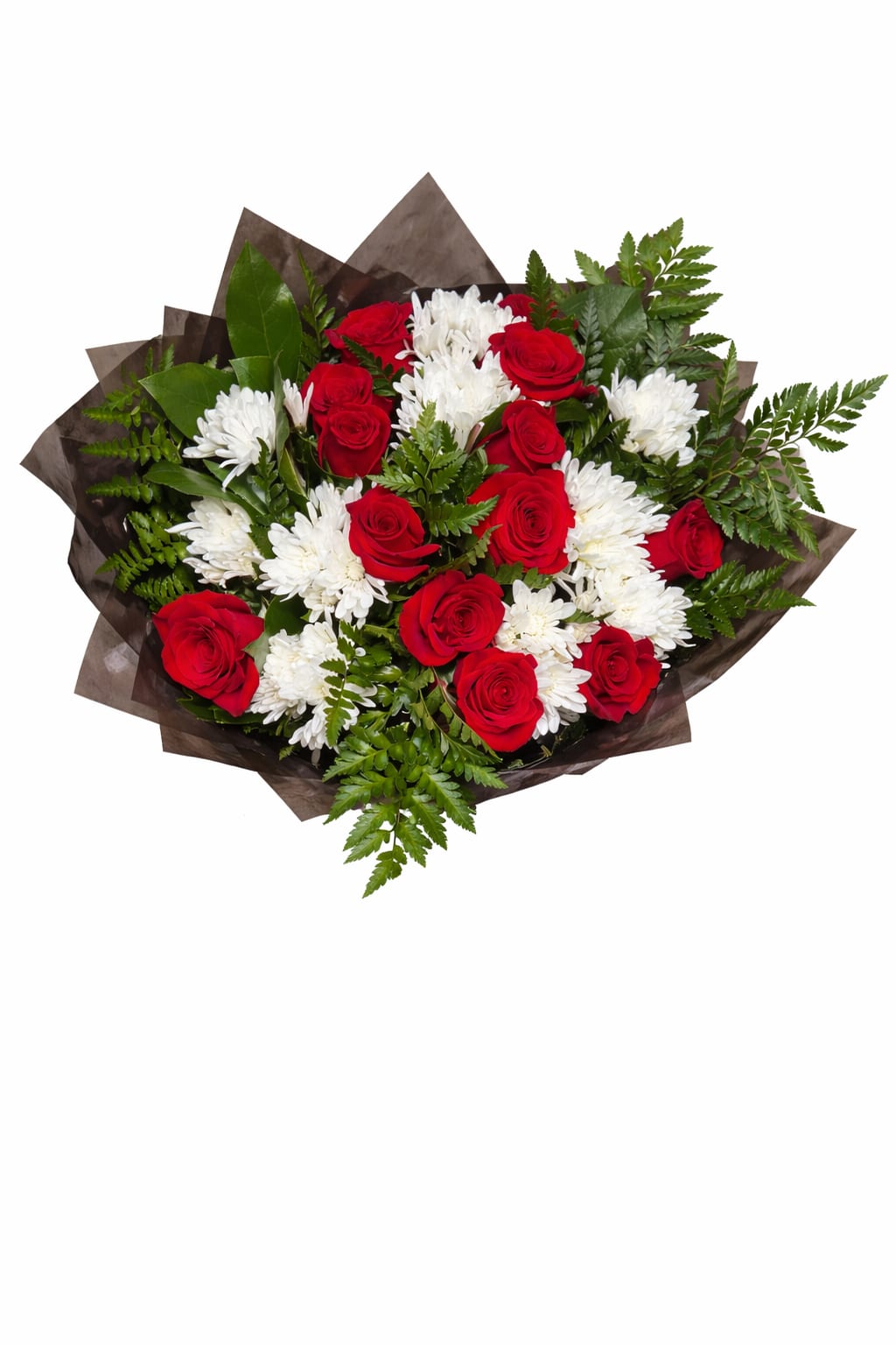 Timeless Love Bouquet  - 1 dozen Ecuadorian, red roses and white chrysanthemum with greenery wrapped in elegant paper for a classic and romantic bouquet.