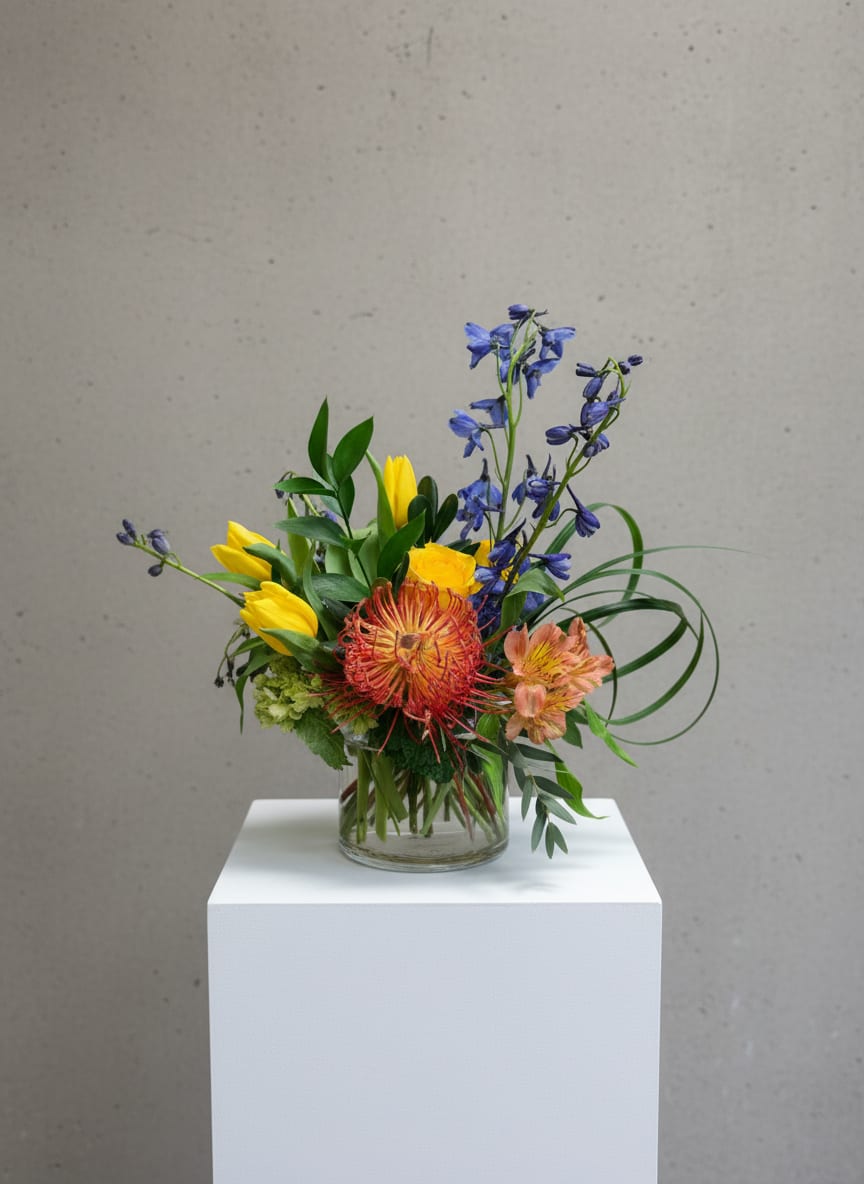 It's Hot Like Summer  - Low and Lush Compact Design with tulips, Pincushion, Hydrangea, Alsto, and Delph 