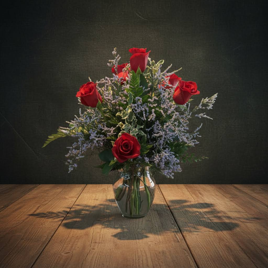 Modern 1/2 Dozen Red Roses - 6 red roses with caspia and greens arranged in a vase.