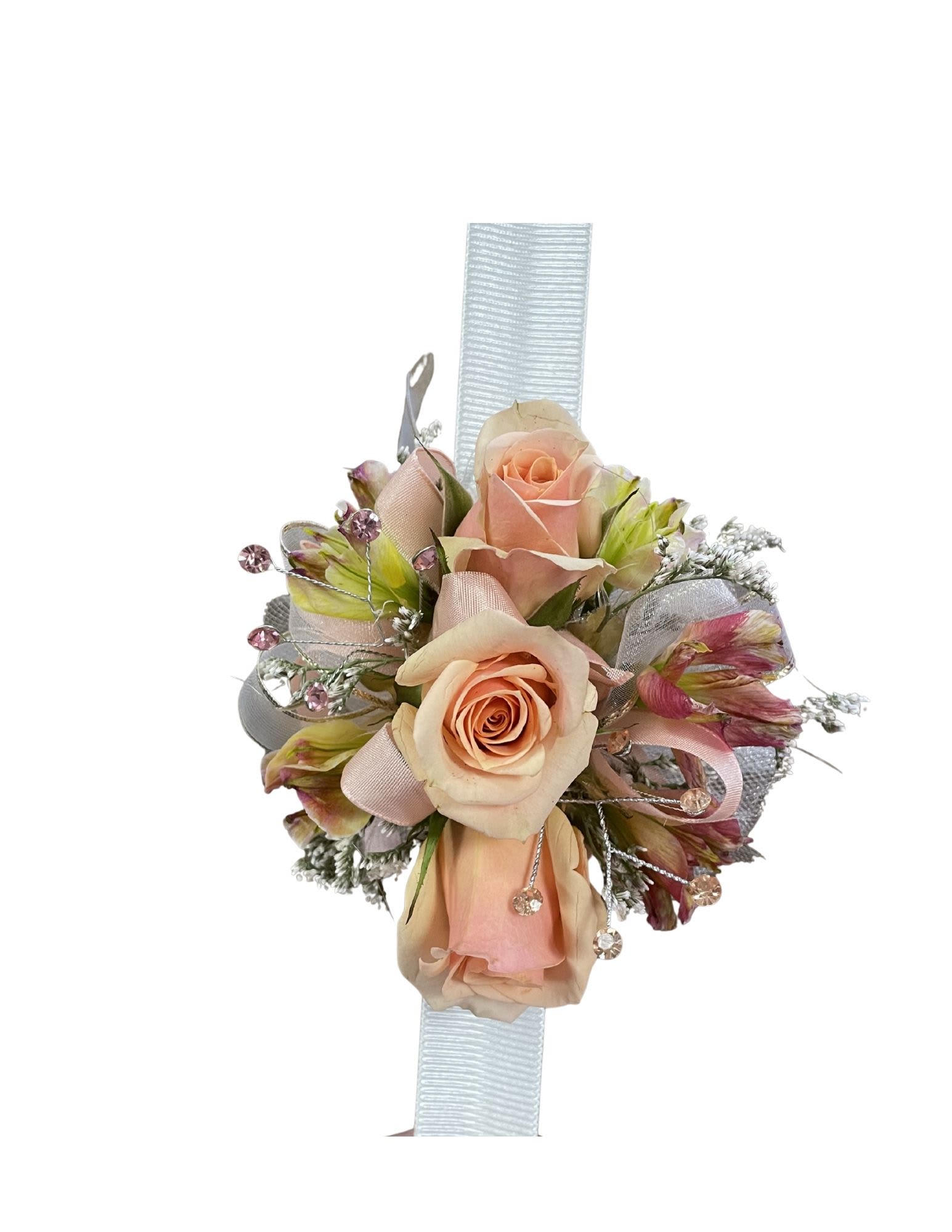 Darling Pink Wrist Corsage  - Delicate pinks and soft green hues, perfect for that subtle prom queen. 