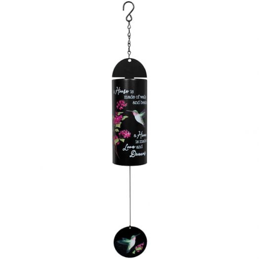 Carson Wind Chime - 22 inch Cylinder Sonnet, HOME BLK - Our 22" Cylinder Sonnets are made of powder coated steel and metal with a popular sentiment UV printed directly onto the tube. Adjustable striker. 3" Diameter x 7 1/2" Length cylinder.  L: 24"  Reads : " A house is made of wood and beams, A home is made of love and dreams"