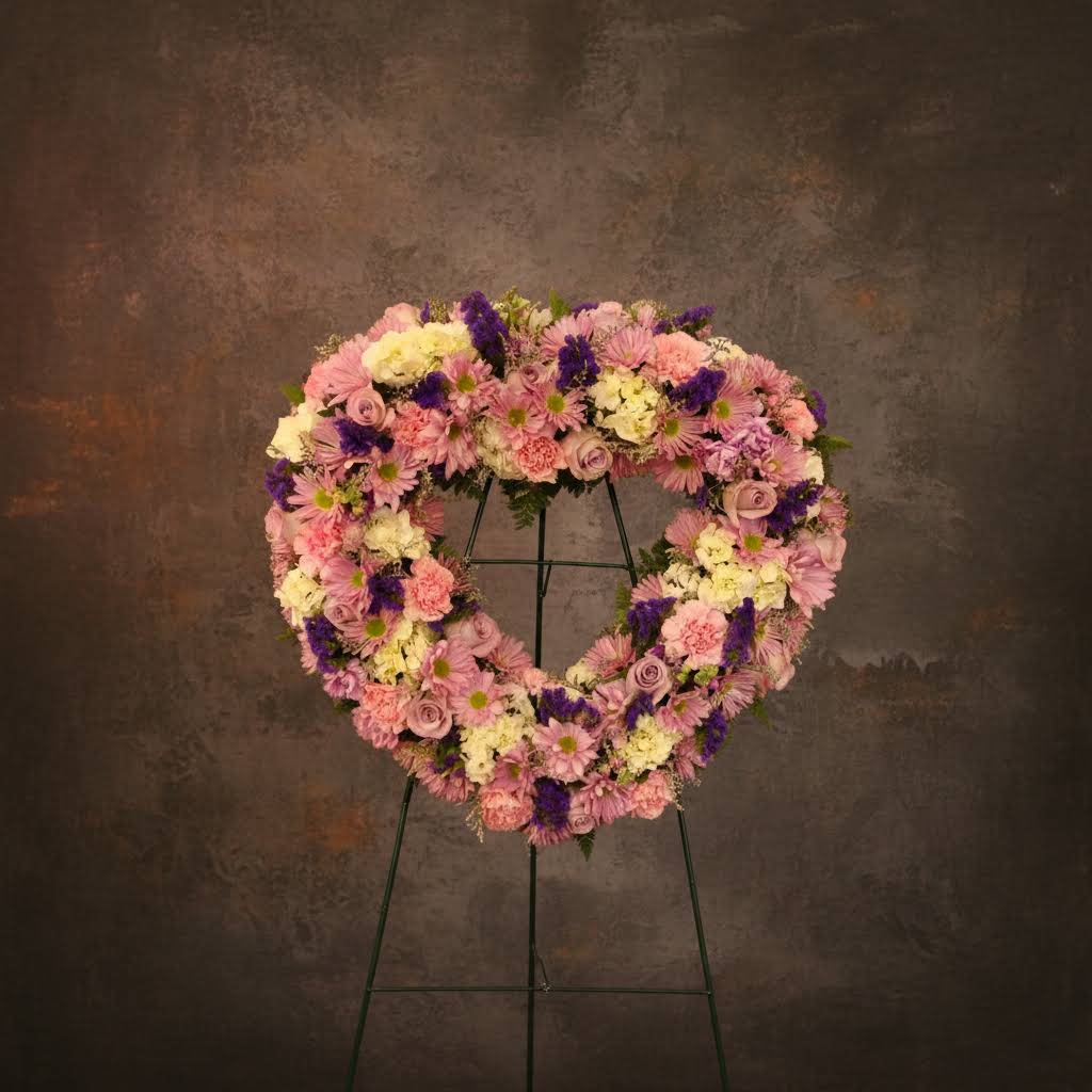 Heart-shaped floral wreath on a stand with pink, white, and purple flowers